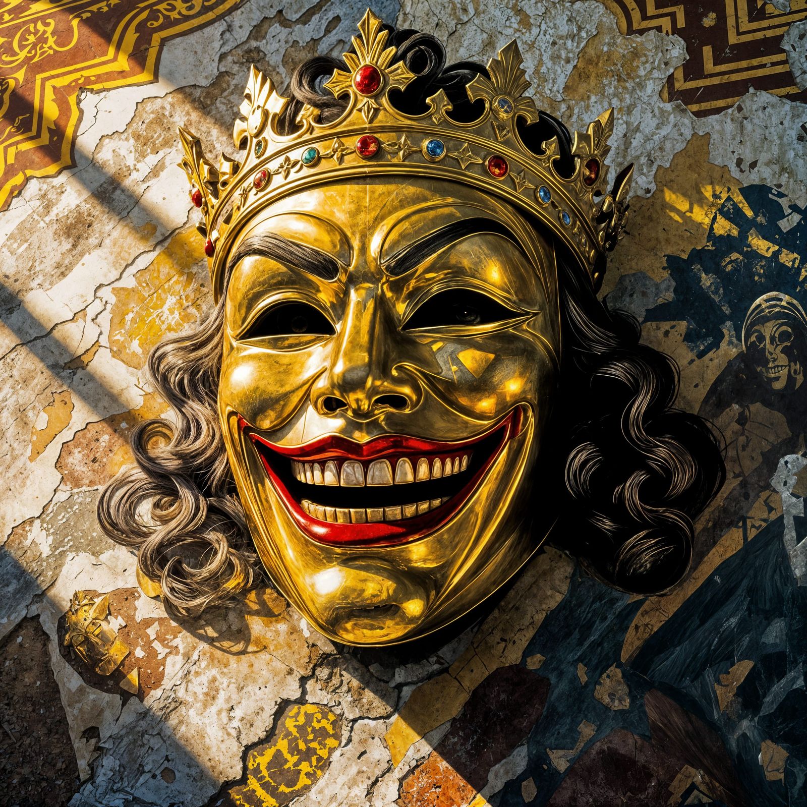 Golden Spade King Grins on Crumbling Mural