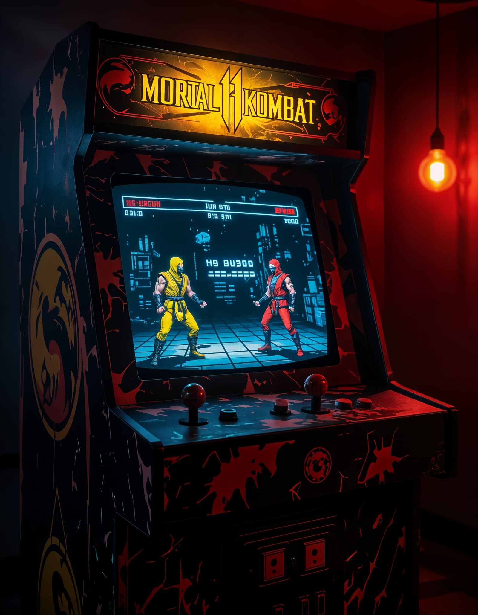 Vintage Mortal Kombat Arcade Cabinet in Smoky Room