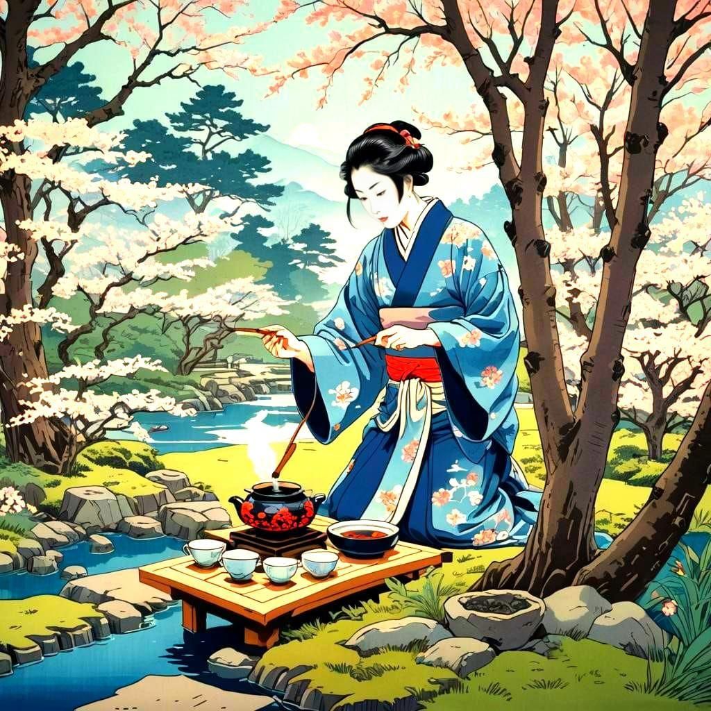 Japanese Tea Ceremony in Ukiyo-e Style