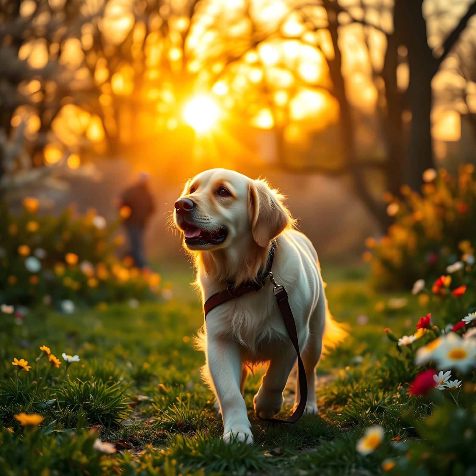 Golden Retriever Strolls Through Vibrant Boston Park at Sunr...