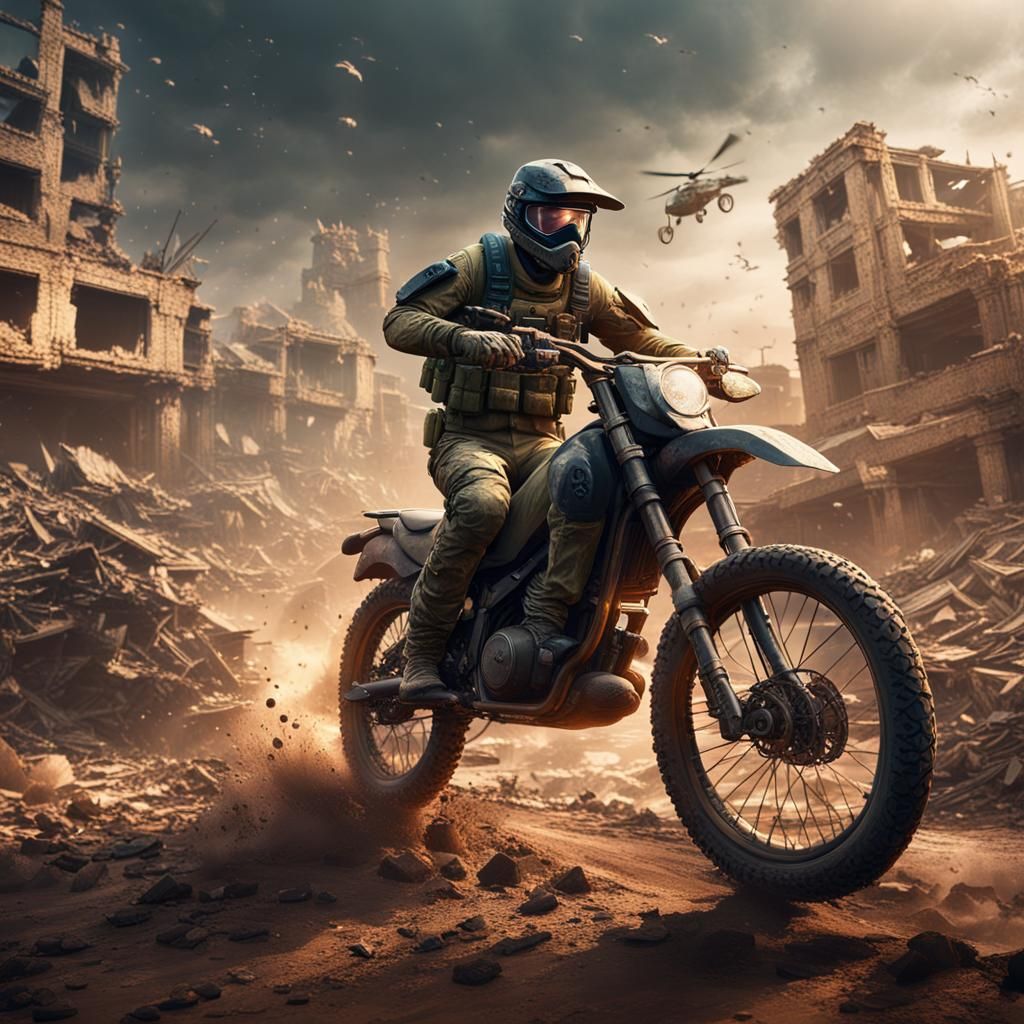 Army Rider on Dirt Bike in War Zone