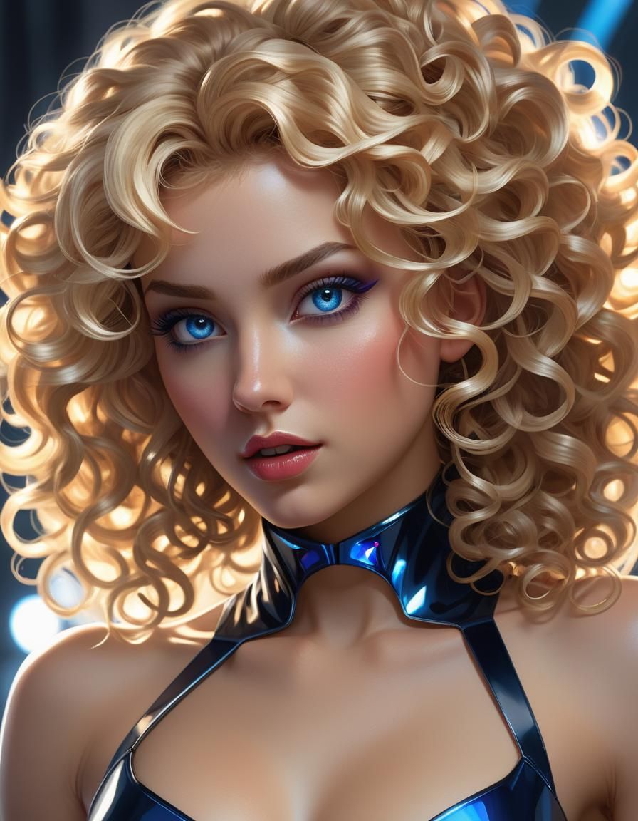 Futuristic Woman with Curly Hair, Hyperrealistic Art