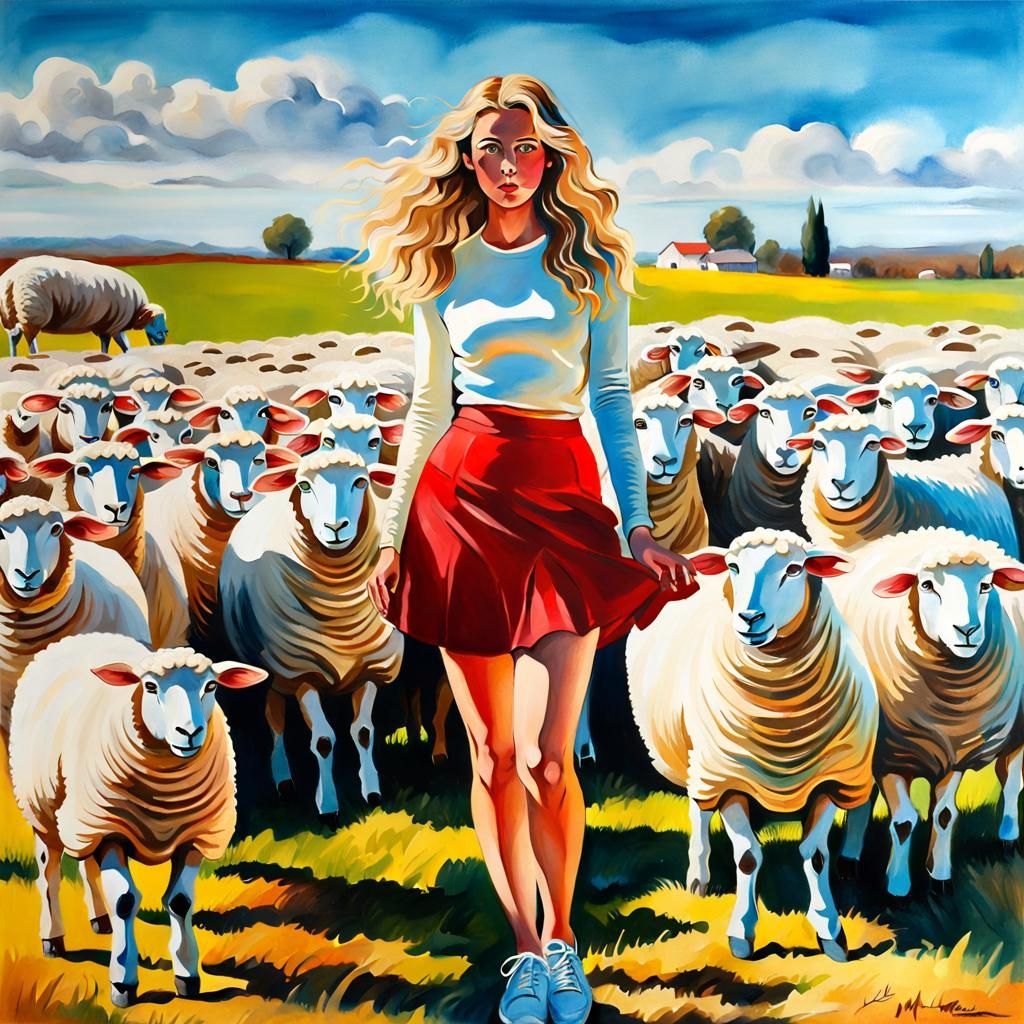 Blonde Girl Hugging Sheep in Impressionist Gouache Style