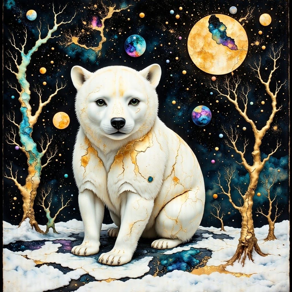 Klimt-Style Polar Bear in Iridescent Forest