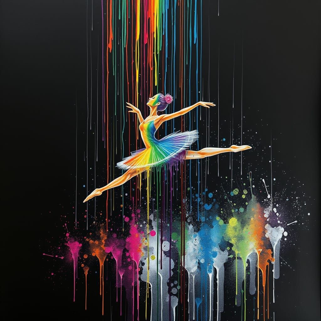 Rainy Ballerina Art in Vibrant Splatter Paint Style
