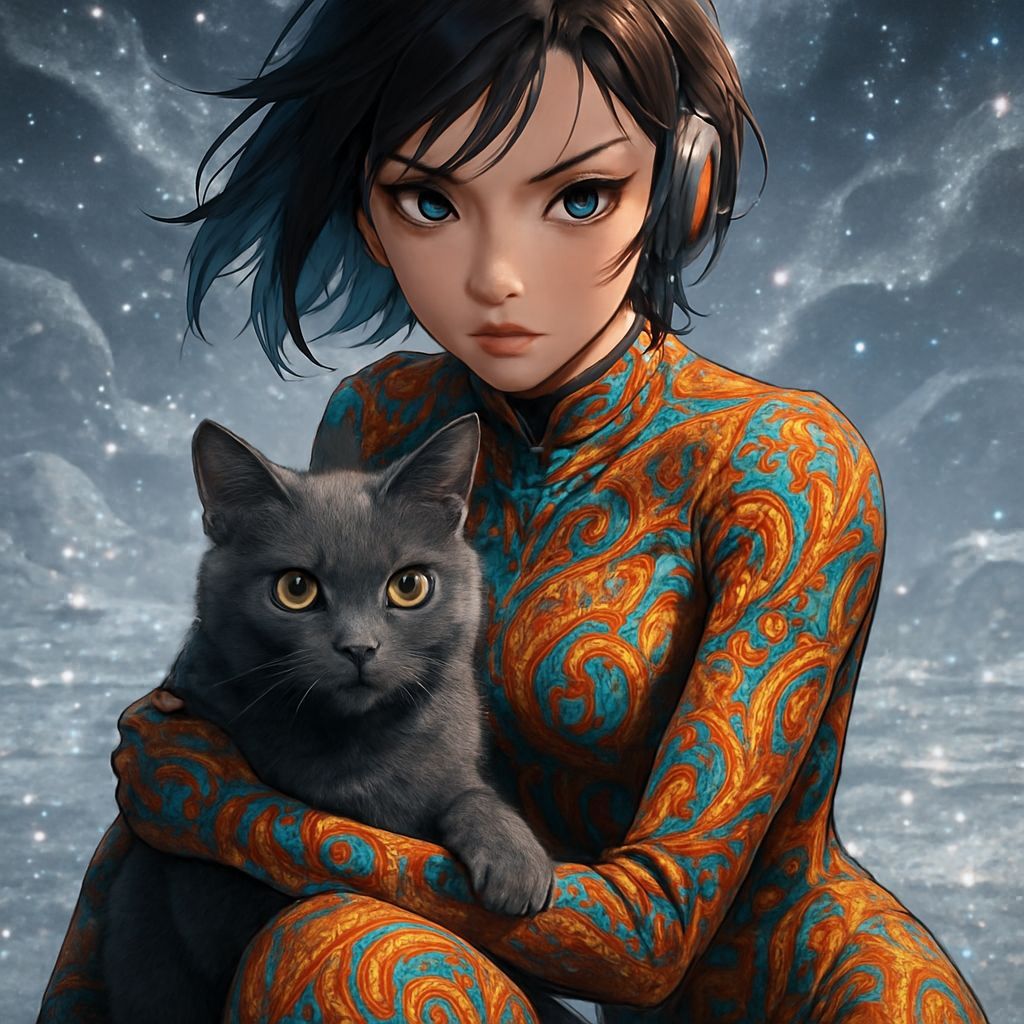 Cyberpunk Woman with Cat in Alien Landscape