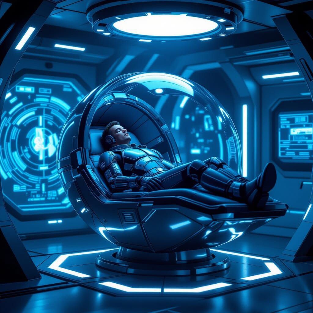 Futuristic Cryo Sleep: Falcon Man in Sci-Fi Pod