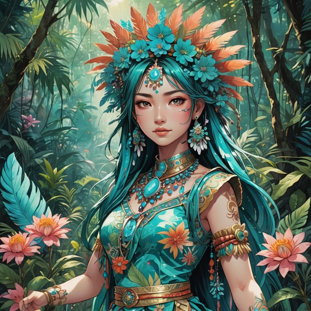 Anime Maya Lady in Jungle with Turquoise Jewelry