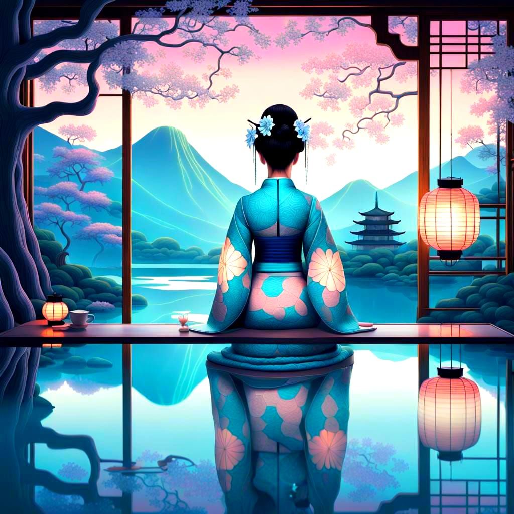 Bioluminescent Gold Geisha in Tea Room: Fractal Vector Art