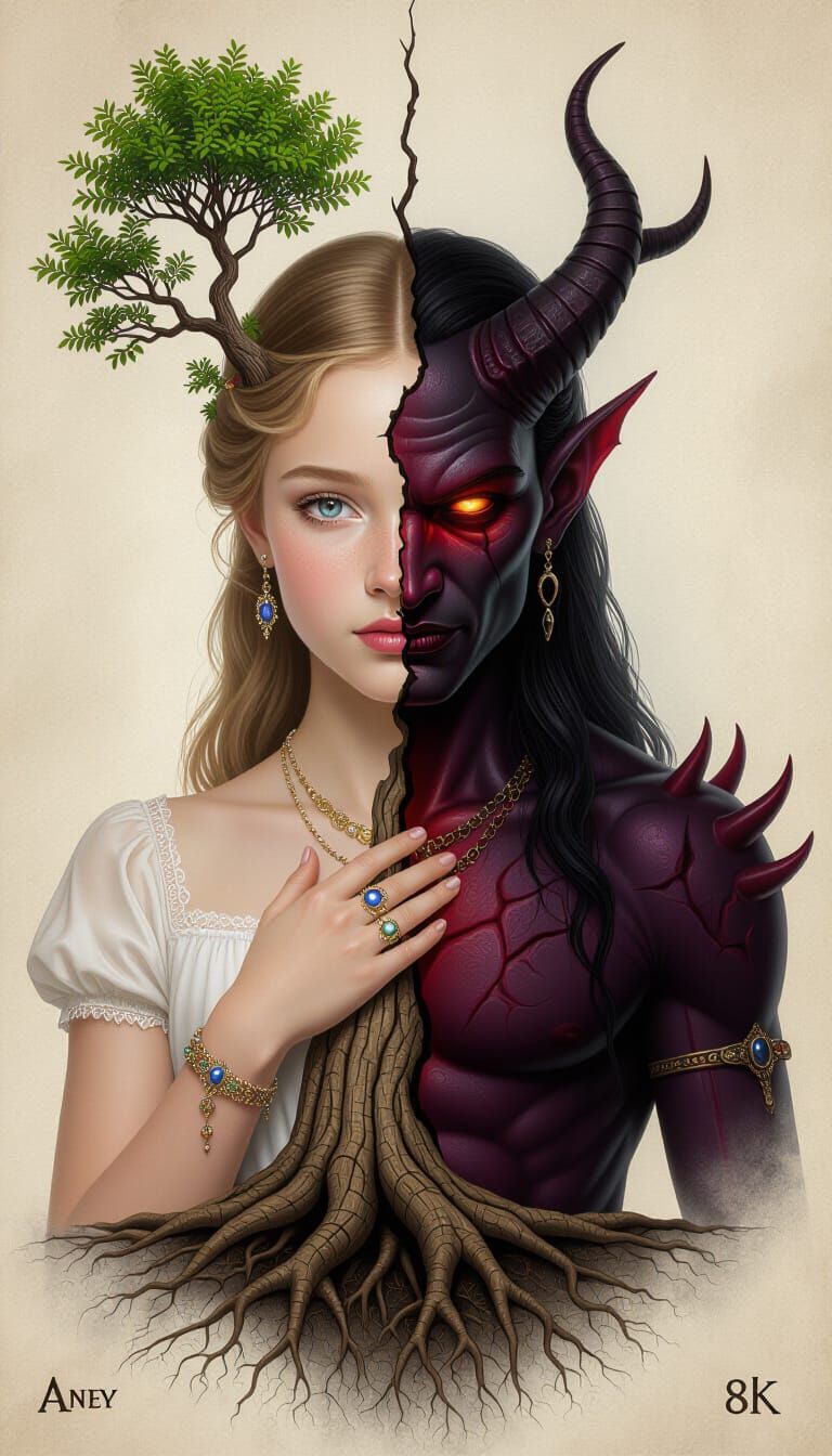 Mystical Portrait: Girl and Devil Merged with Ancient Tree