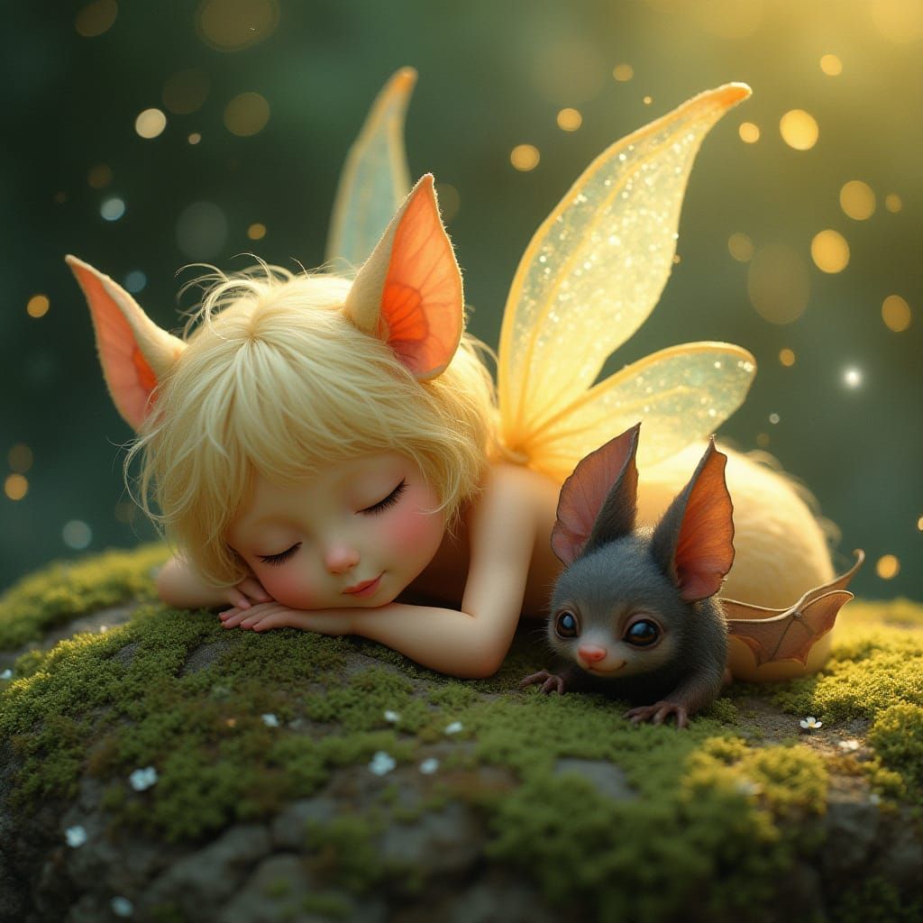 Gentle Fairy in Dreamlike Whimsy with Curious Baby Bat