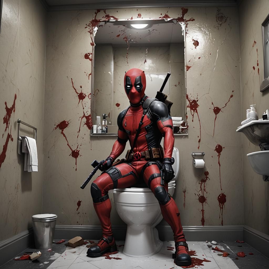 Deadpool in the toilette, detailed matte painting, deep colo...