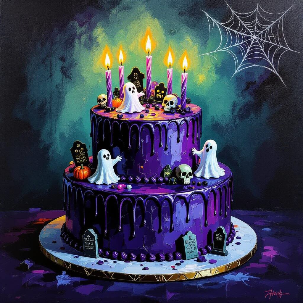 Spooky Birthday Cake Masterpiece in Impressionist Style
