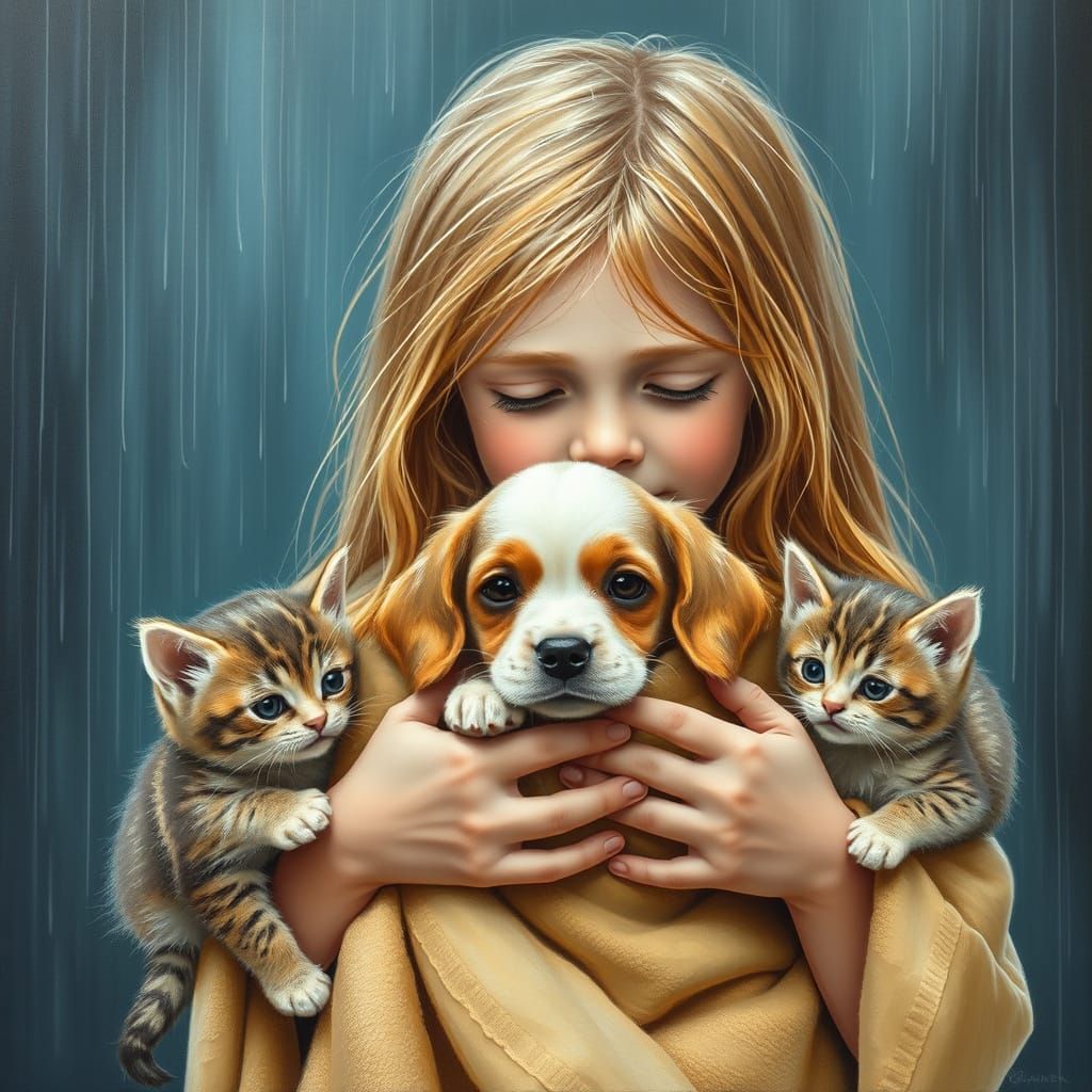 Girl Hugging Puppy and Kittens