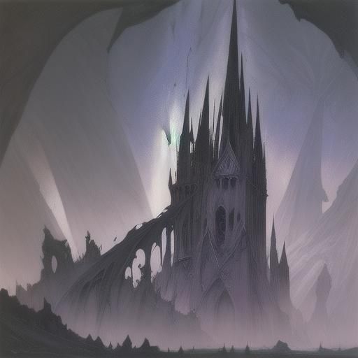 Ruined Spire in Suminagashi Style with Deep Colors