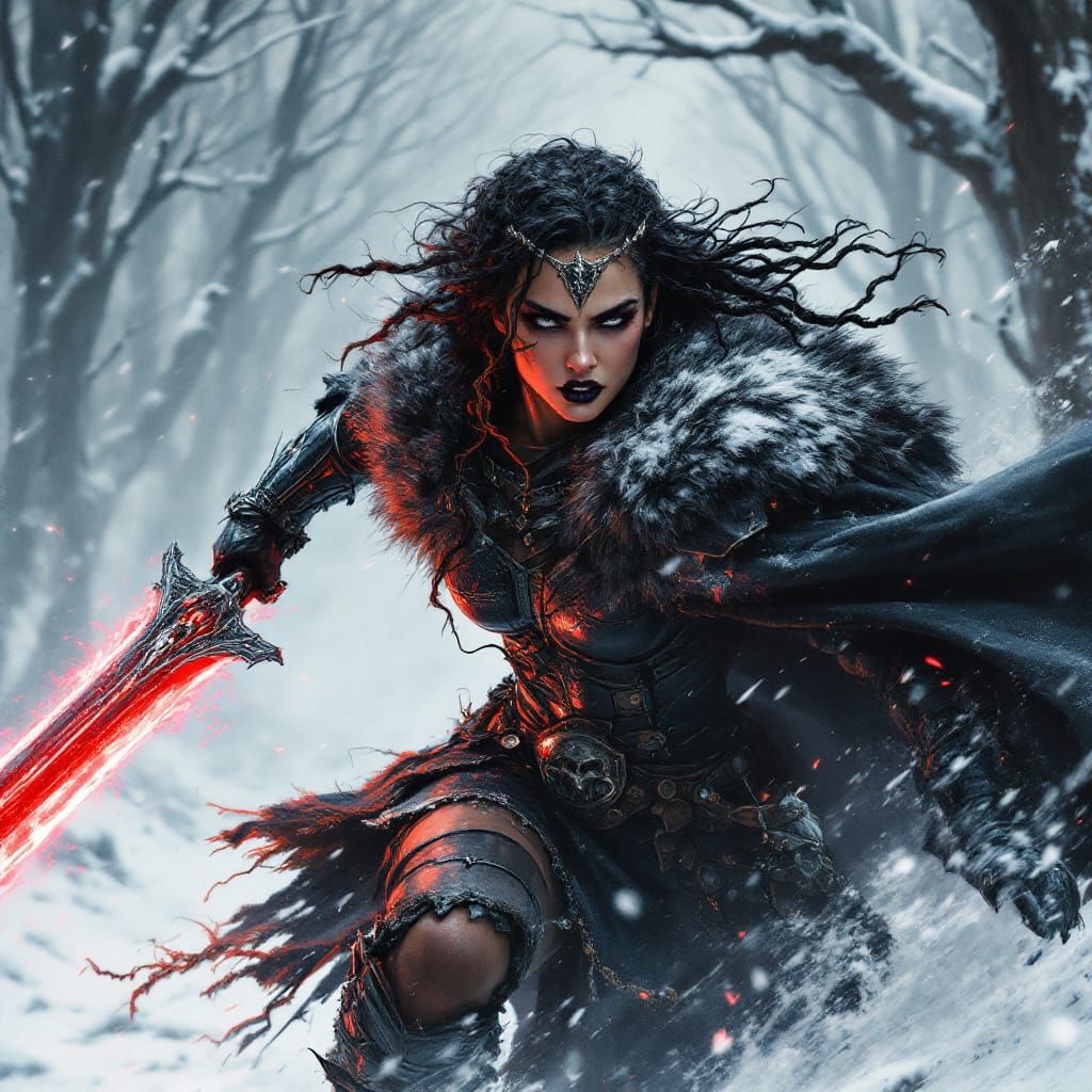 Barbarian Warrior Charges Through Snowy Forest with Glowing ...