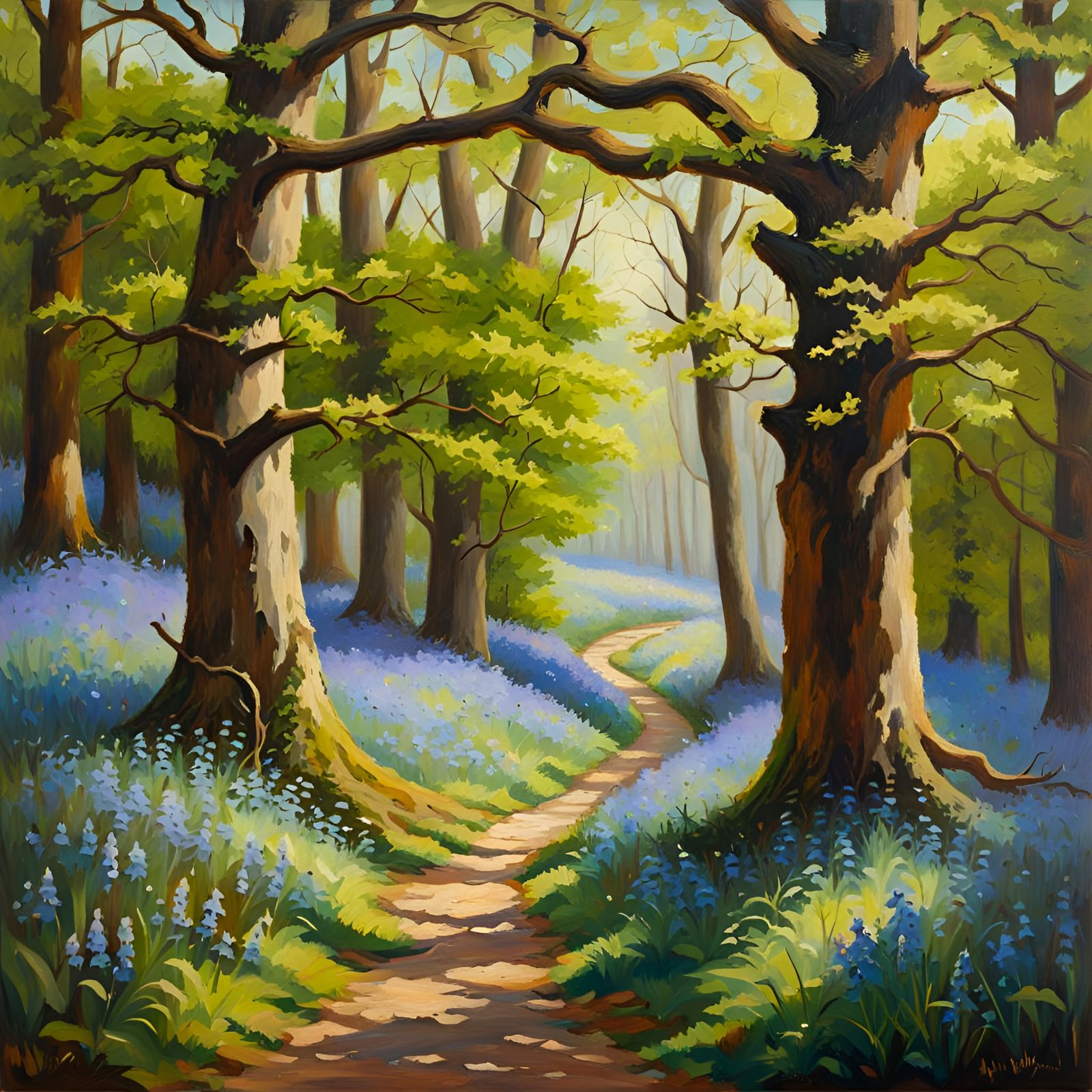 Oak Forest Path with Bluebells Oil Painting