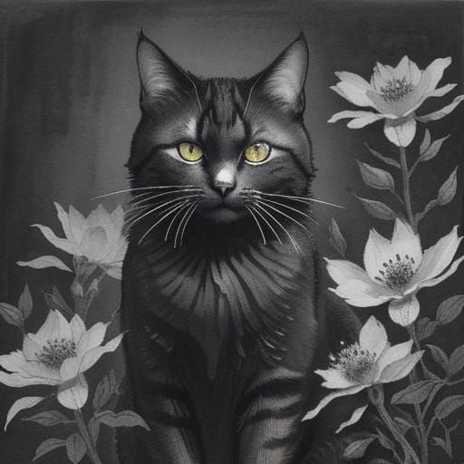 Tusche Illustration of Cat and Flower
