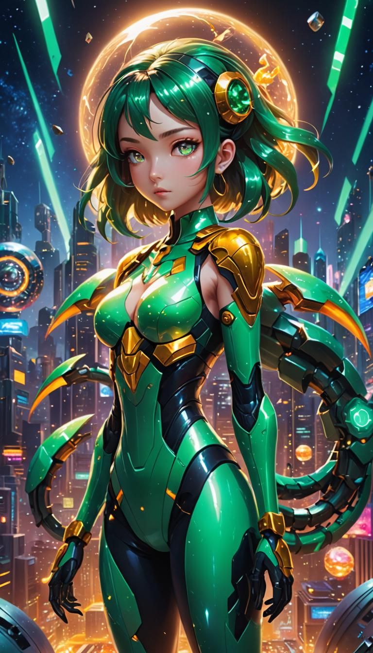 Surreal Scorpion Girl in Futuristic Cityscape