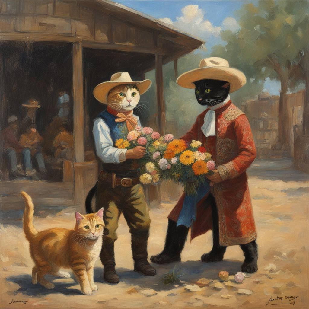 Cowboy Cat Courting Siamese School Marm, Oil Painting