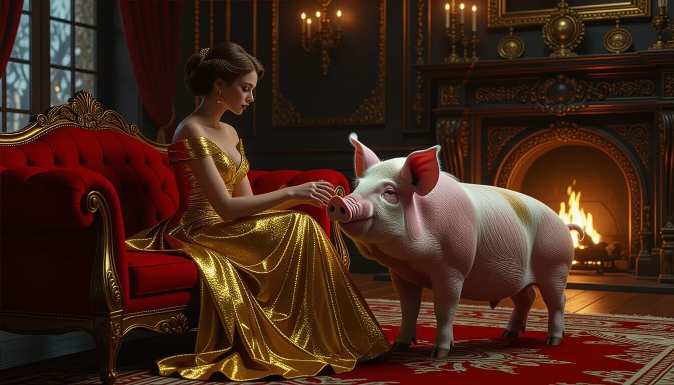 Woman and Pig in Ornate Room, Fantasy Art