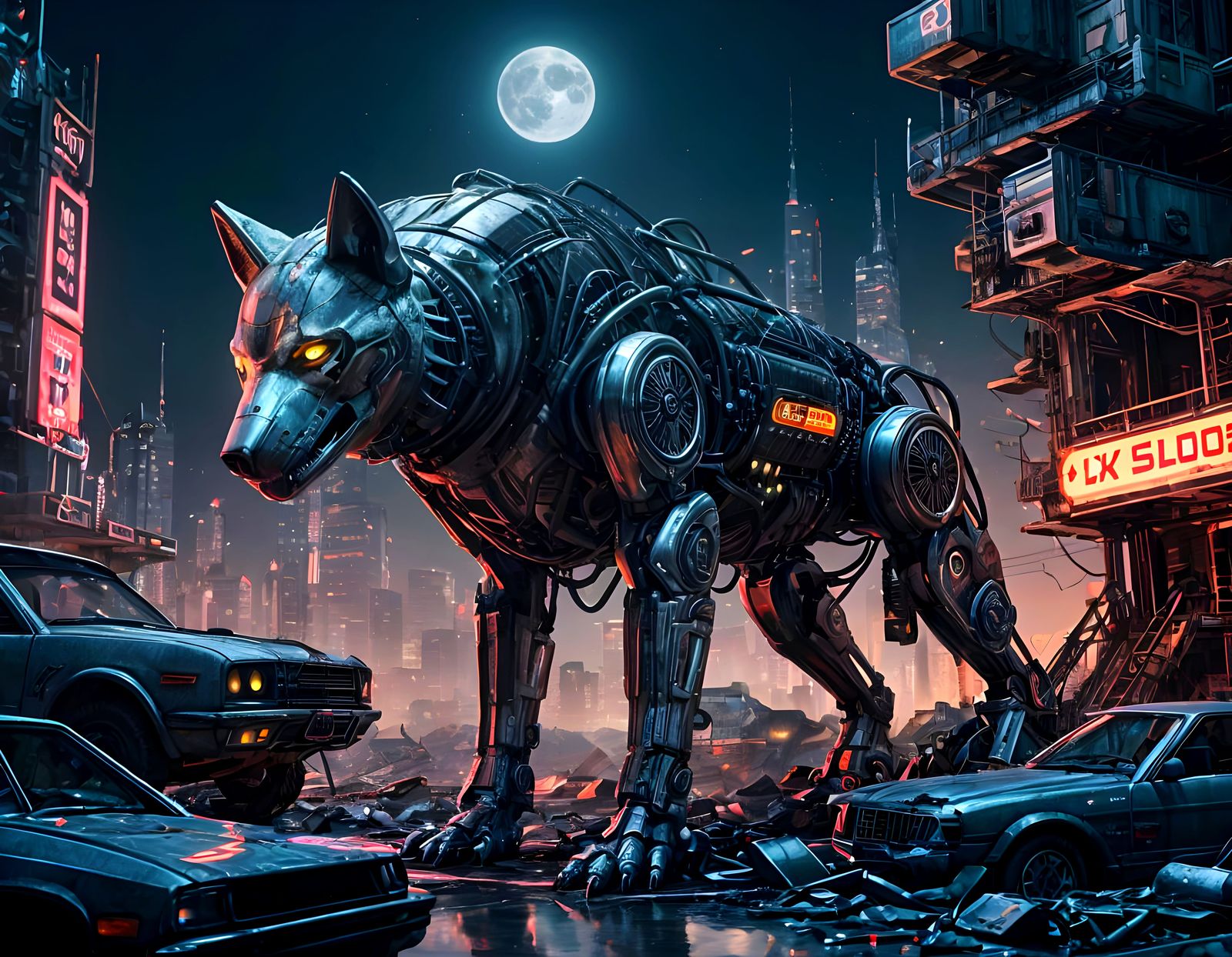 Lone Wolf in Chrome Exosuit Howls at Cyberpunk Junkyard Moon
