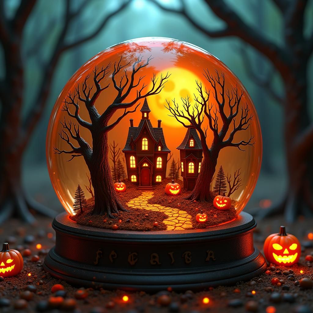 Halloween Village Inside Orange Glass Snow Globe