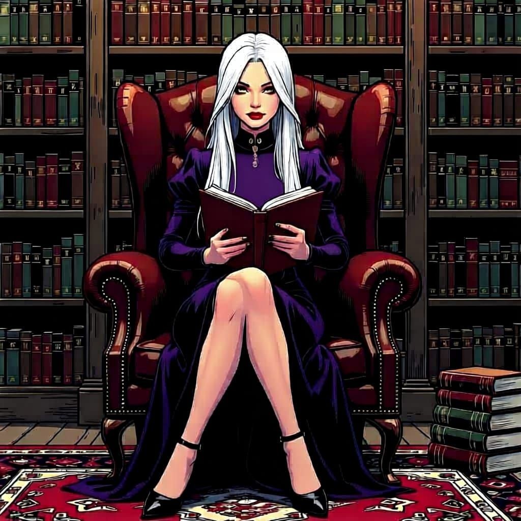 Woman Reading in Cozy Library, Comic Book Style