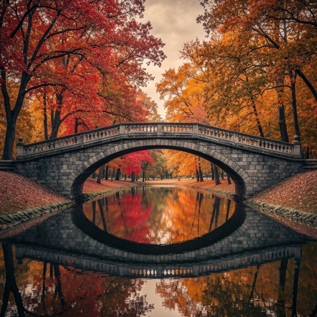 Realistic Stone Bridge in Autumn Park, Cinematic HDR
