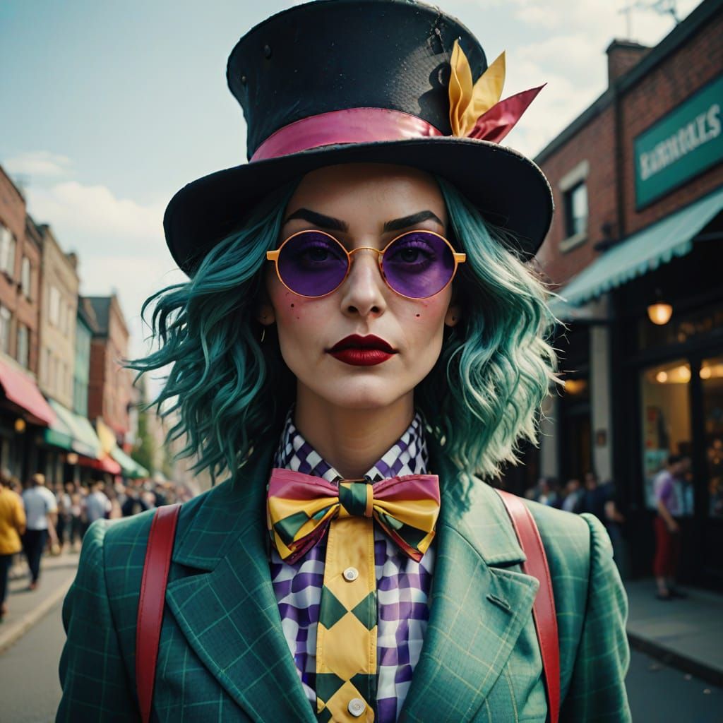 Whimsical Mad Hatter Woman in Vibrant Gingham Prints
