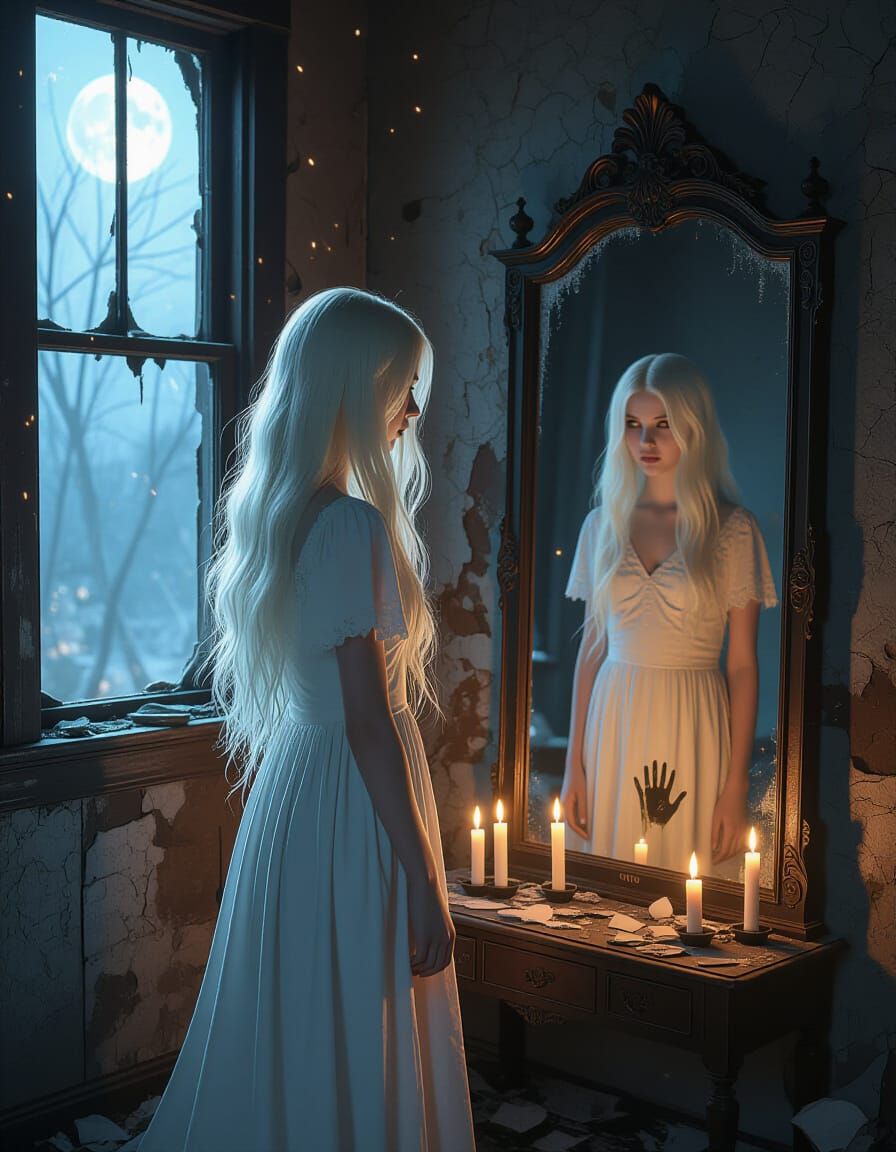 Gothic Melancholy: Woman in Ruined House at Dusk