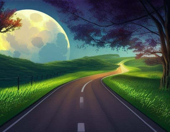 long winding road through the country side moonlight Anime Key Visual, Deep Color, Intricate, 8k resolution concept art,...