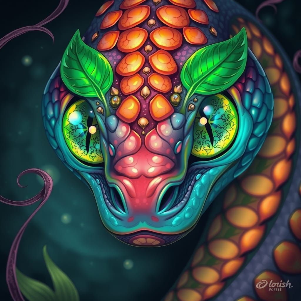 Mystical Serpent with Iridescent Scales and Leafy Eyes