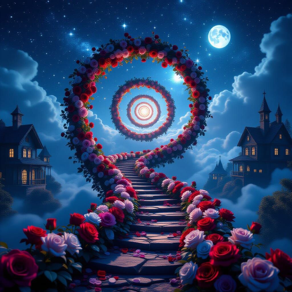 Rose Spiral Pathway to Starry Night, Cinematic CGI