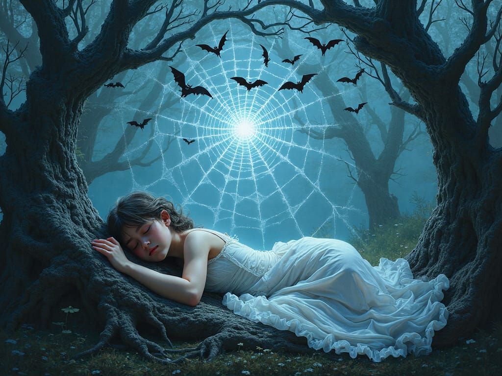 Ethereal Girl Asleep in Mystical Neon Forest