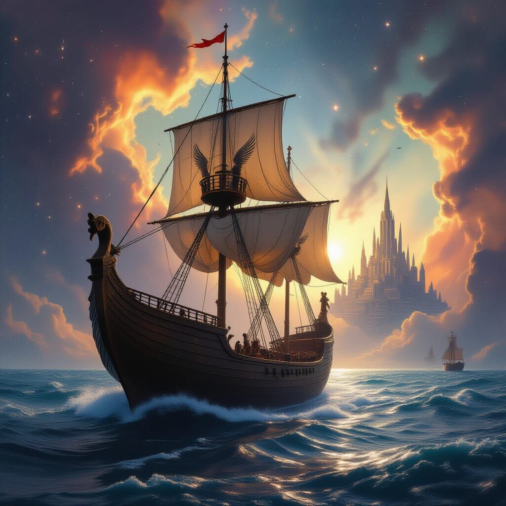 Ancient Greek Trireme Sails Through Cosmic Nebula