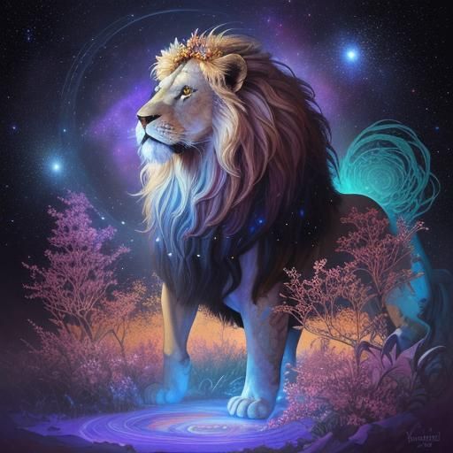 Lion with Flower Crown Enters Iridescent Portal