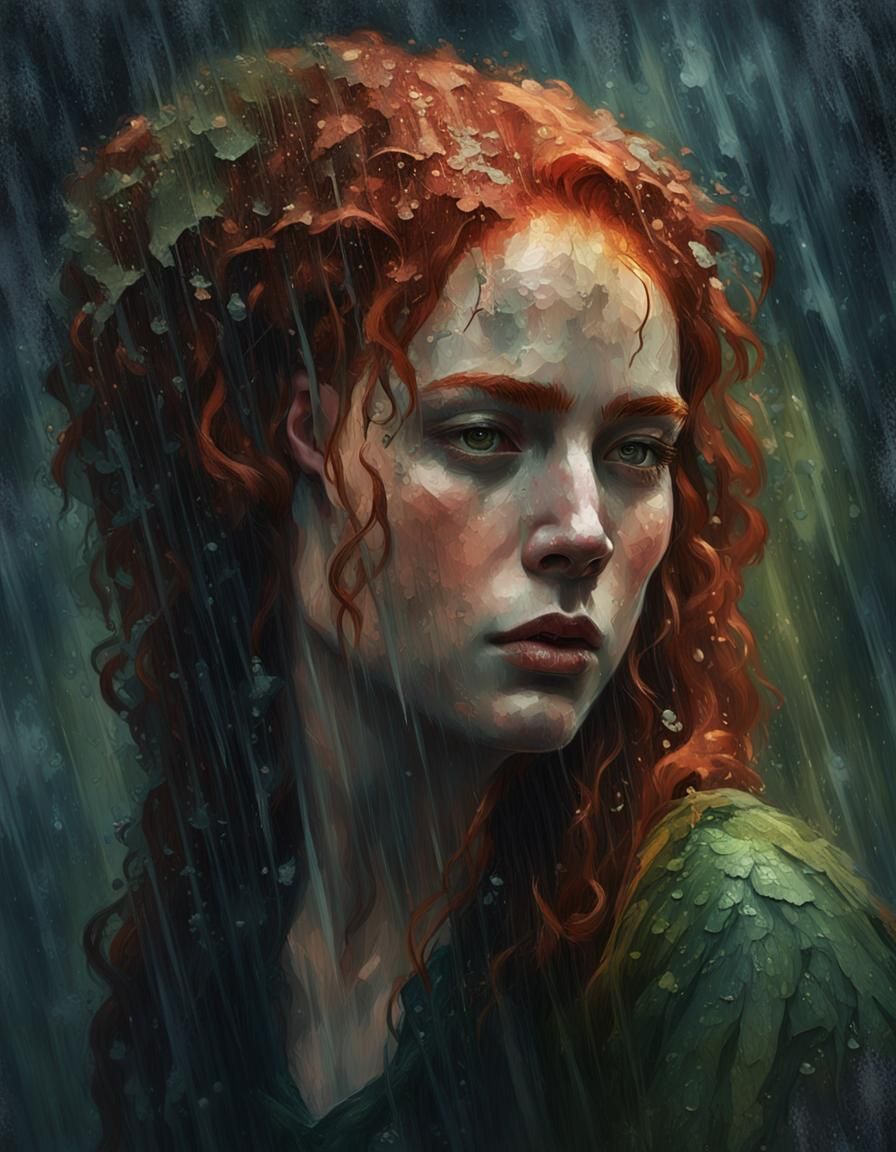 Redhead Dryad in Rain, Impasto Digital Oil Painting