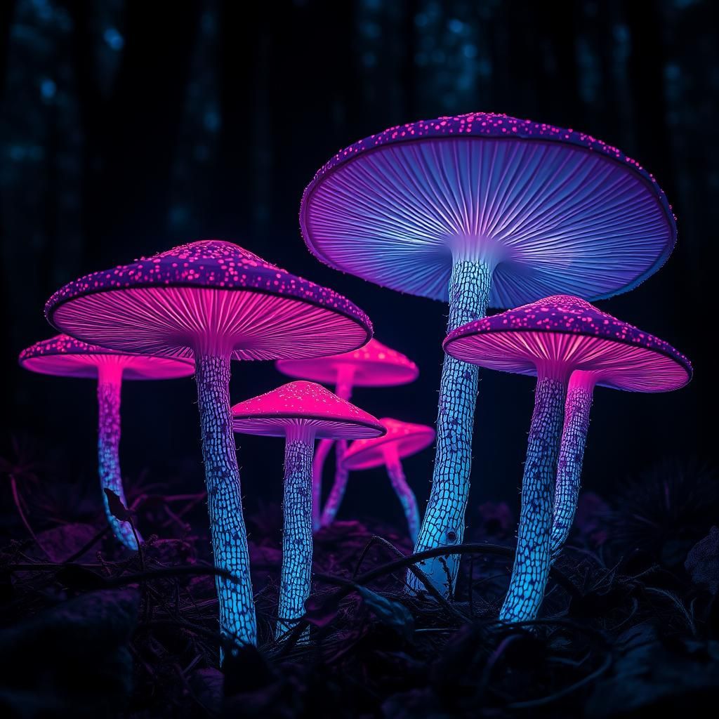 Ethereal Neon Mushroom Forest at Dusk in HDR