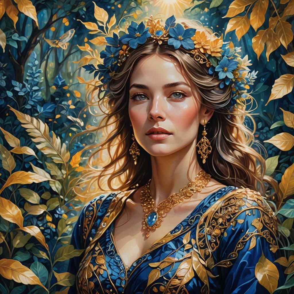 Ecstatic Woman in Mystical Garden, Art Nouveau Style