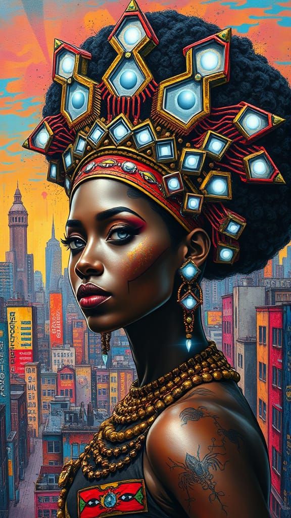 Afrofuturistic Queen in Polychromatic Cityscape