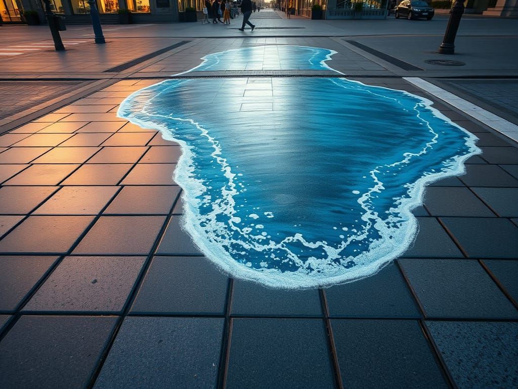 Hyperrealistic City Pavement with Optical Illusion Wave