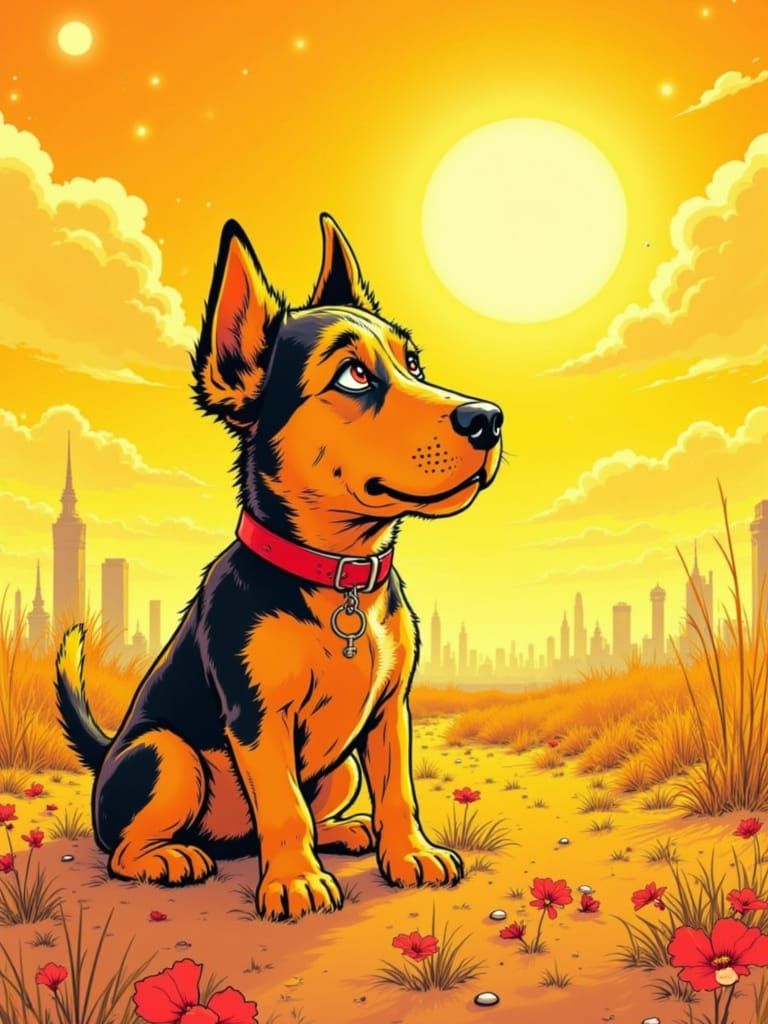 Kirby Comics Style Dog Under Twin Suns