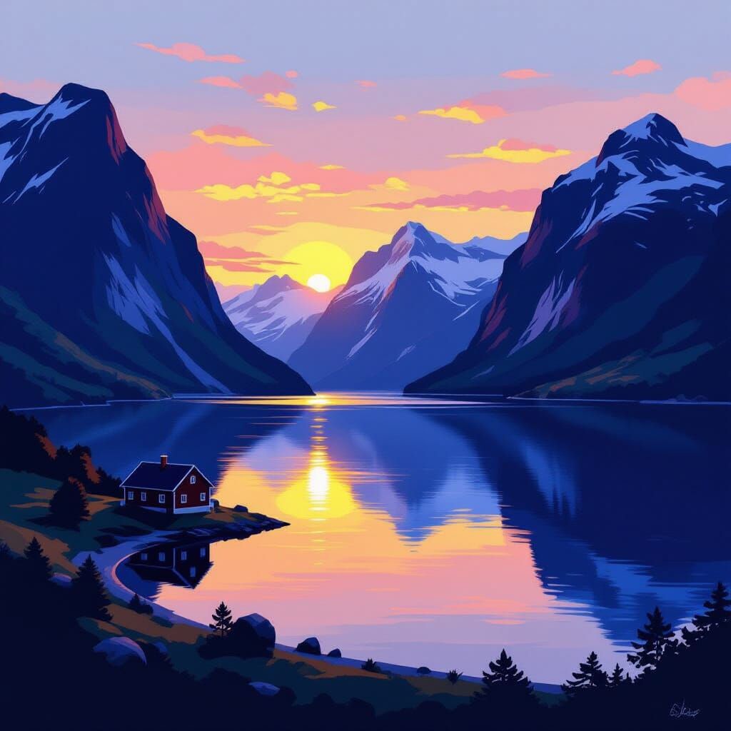 Norwegian Fjords Under Midnight Sun: Golden Hour Landscape