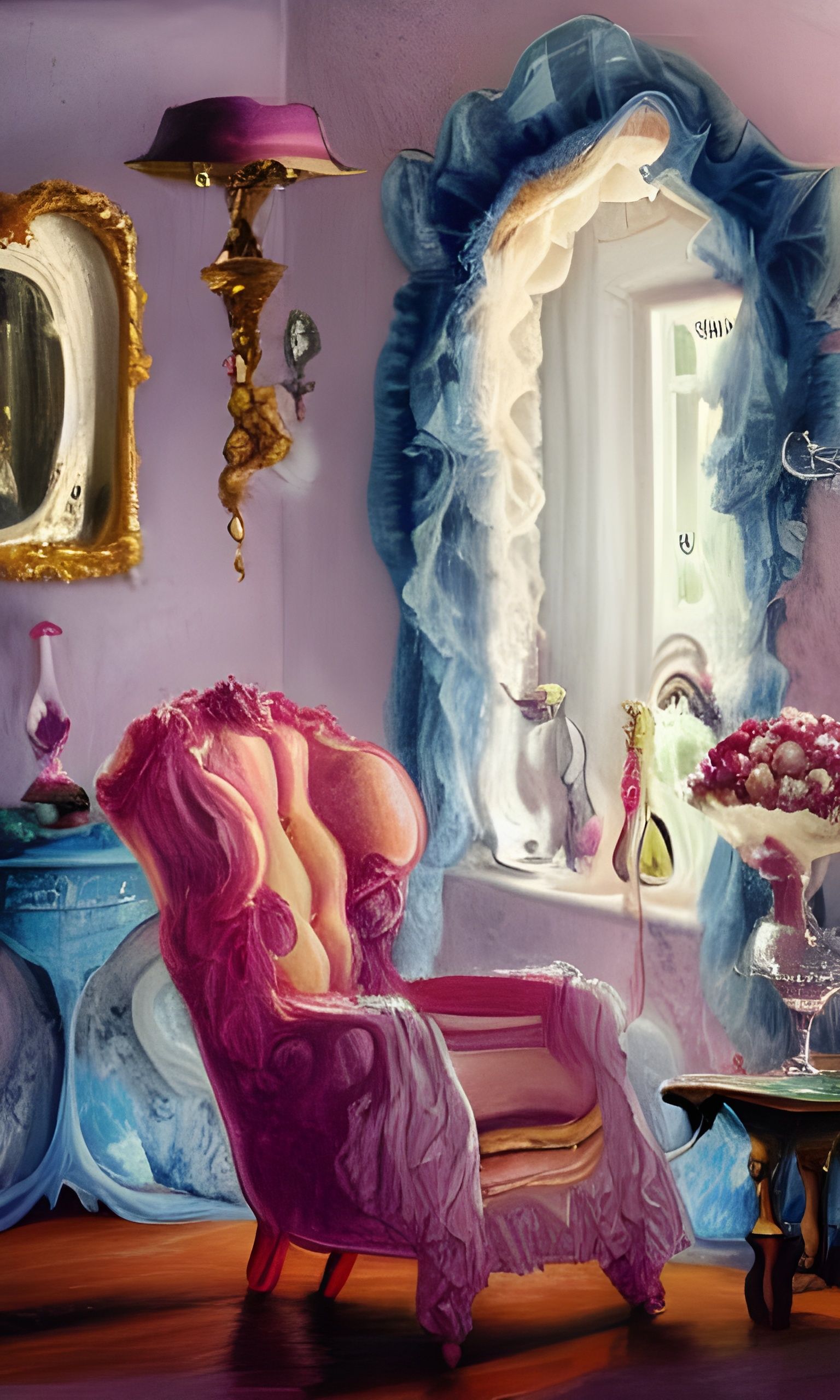 Dusky Room with Wineglasses and Blue Dress