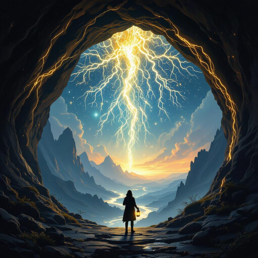 Lone Traveler Enters Glowing Cave in Cinematic Digital Paint...