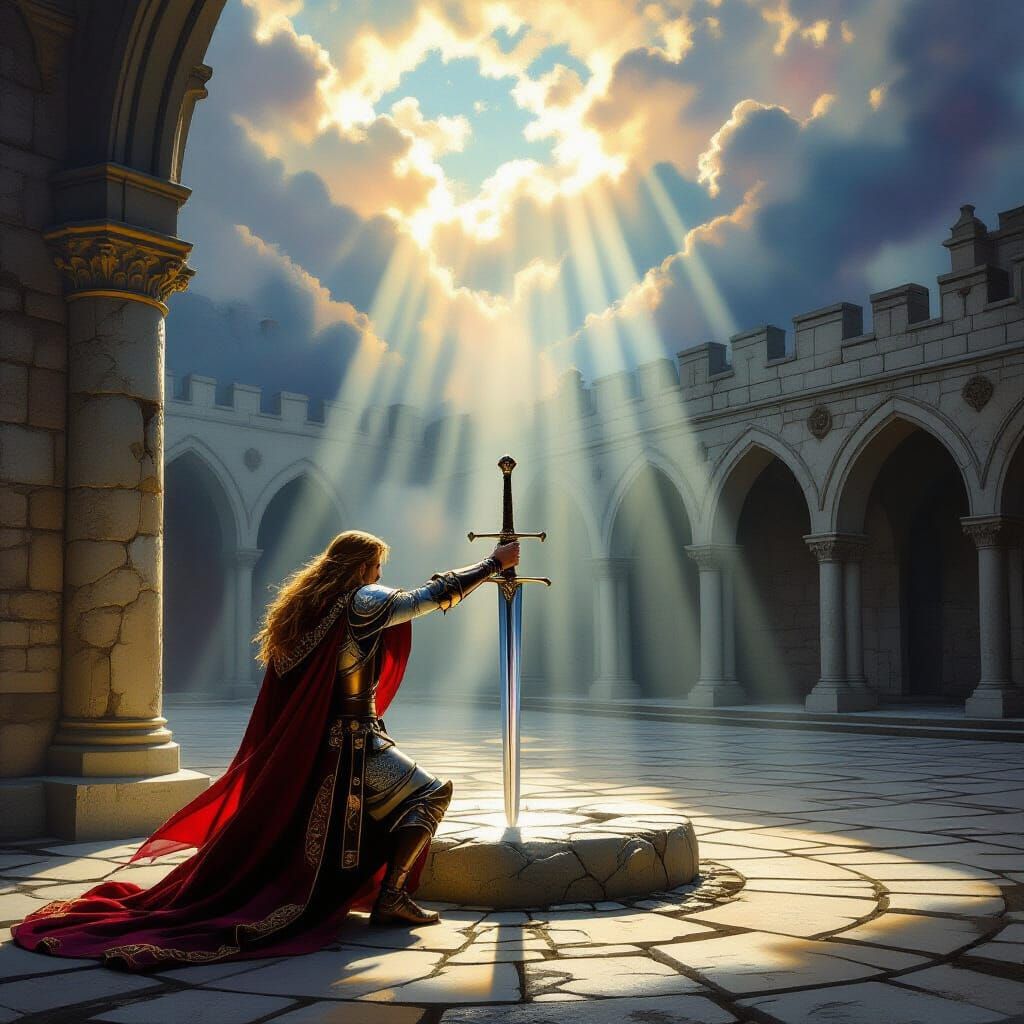 King Arthur Pulls Excalibur From Stone in Epic Painterly Sce...