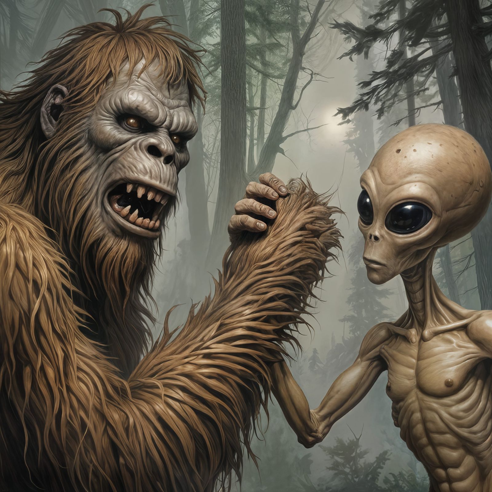 Surreal Bigfoot Encounter in Oil Painting Style