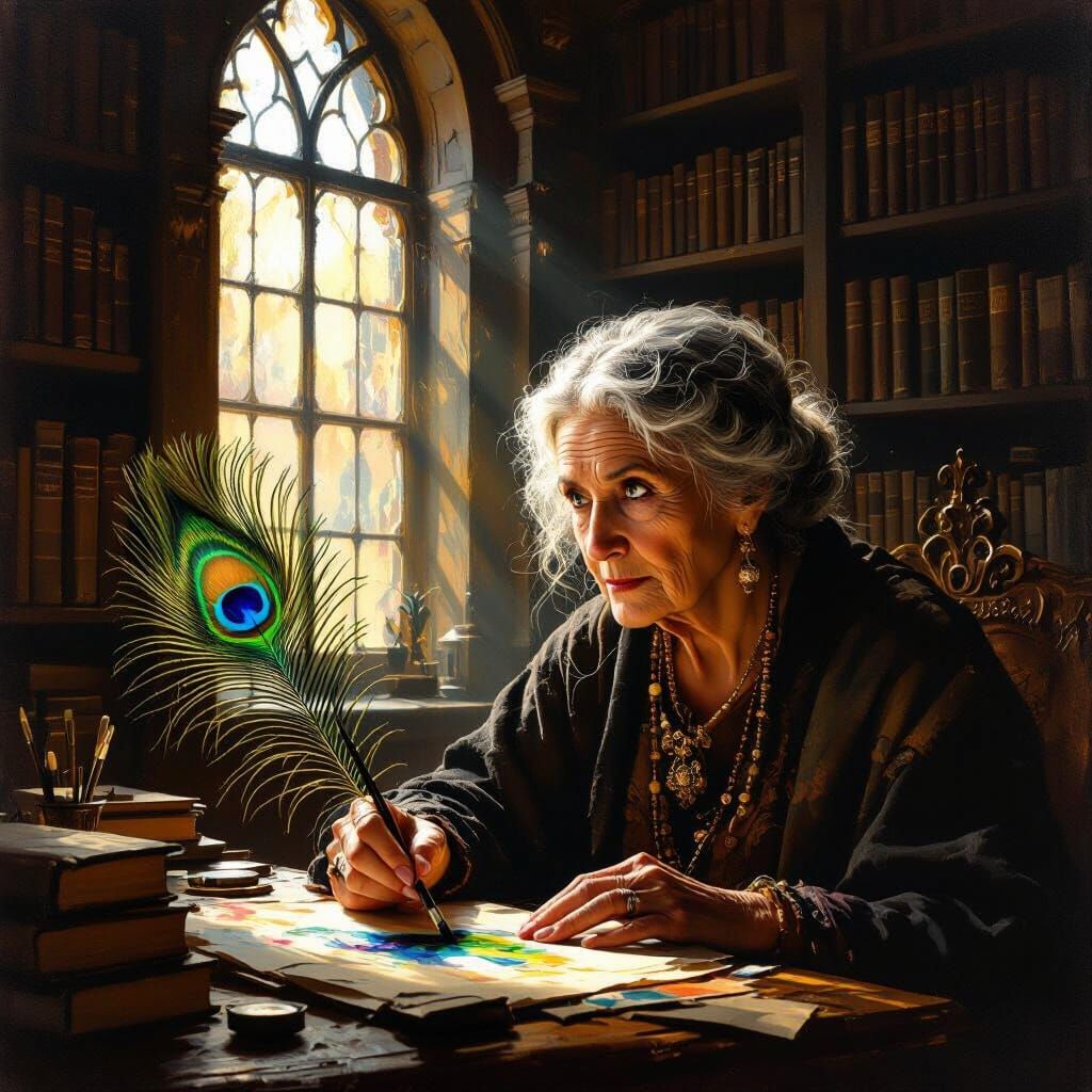 Wise Woman Paints Peacock Feather in Sunlit Library
