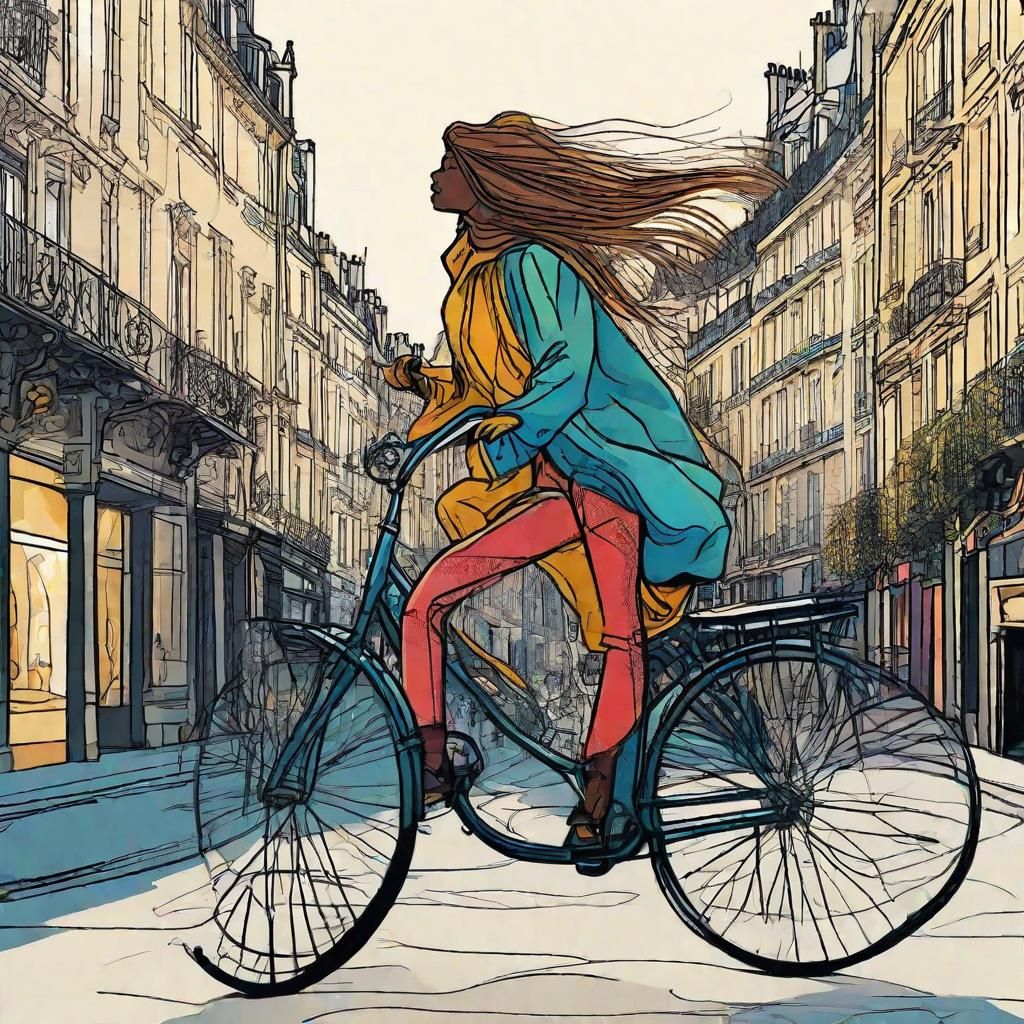 Woman Rides Bicycle in Paris: Expressive Digital Art